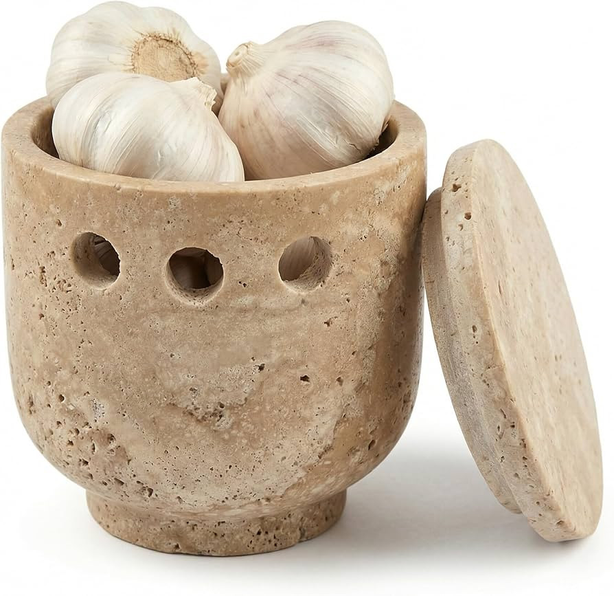 Travertine Stone Garlic Keeper, 4.5 Inch Handmade Marble Garlic Holder for Countertop, Breathable... | Amazon (US)