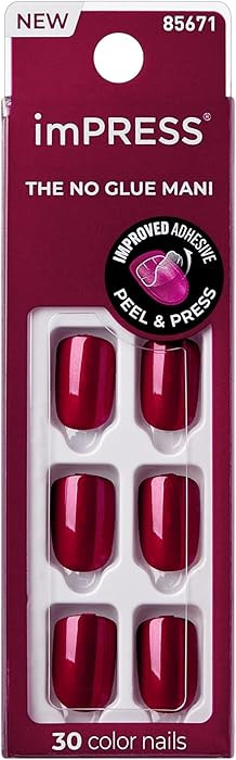 KISS imPRESS No Glue Mani Press On Nails, Color, 'Red Velvet', Red, Short Size, Squoval Shape, In... | Amazon (US)