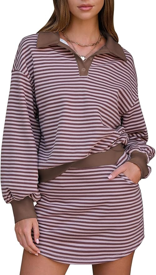 EXLURA Women Fall Two Piece Sets Airport Outfits 2025 Cotton Striped Sweatshirt Matching Skirt Sk... | Amazon (US)