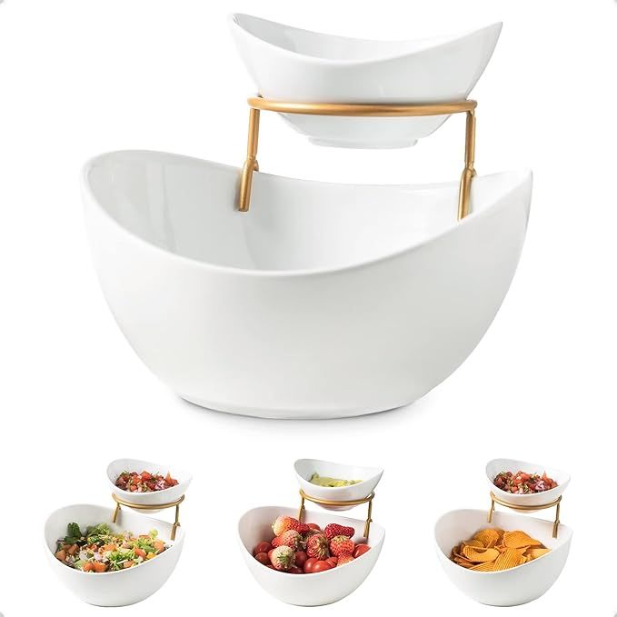 YHOSSEUN Chip and Dip Serving Set 2 Tiered Oval Dip Bowls with Metal Rack for Appetizer, Dessert,... | Amazon (US)