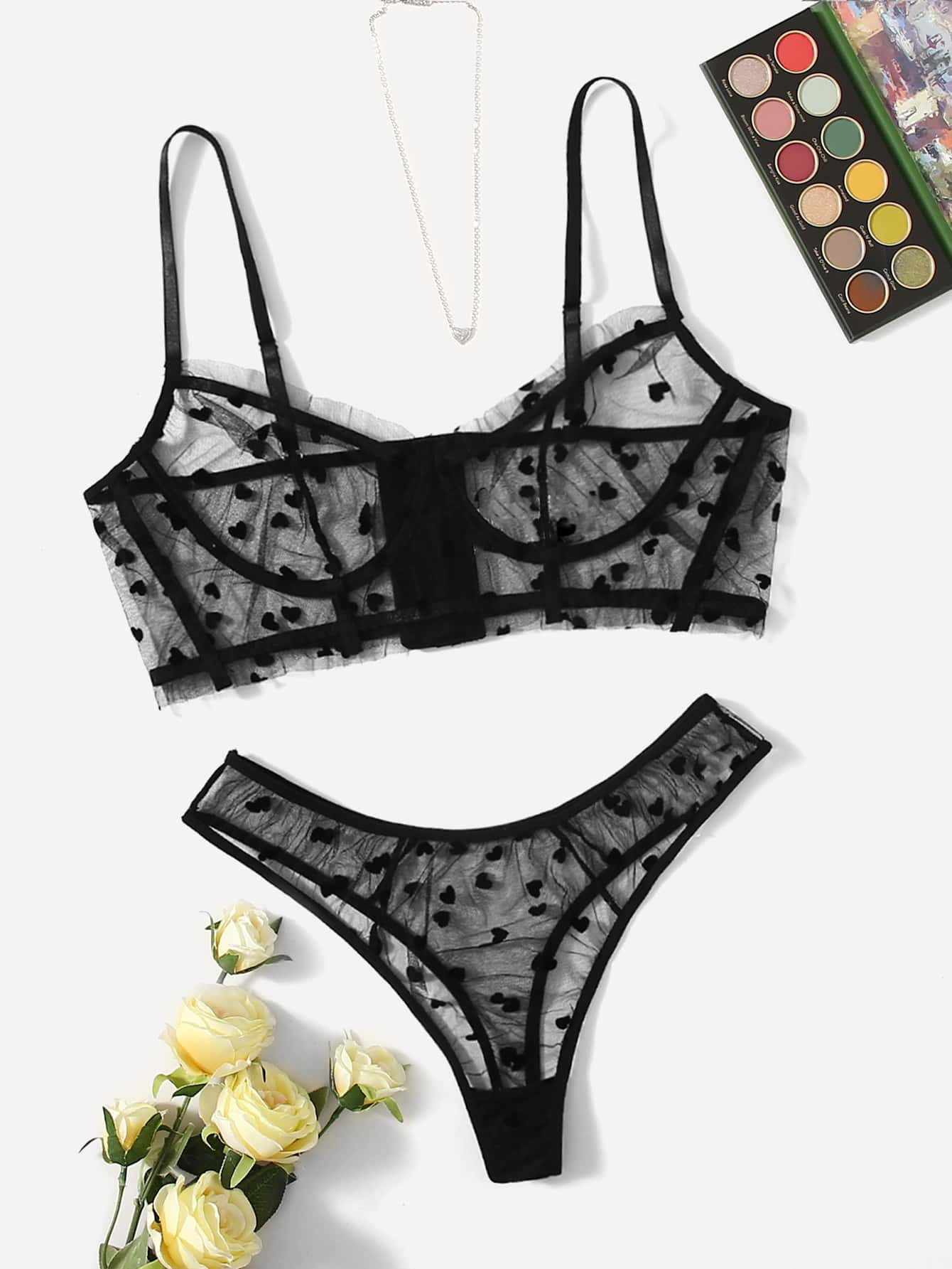 Plus Heart Pattern Sheer Mesh Underwire Lingerie Set | SHEIN