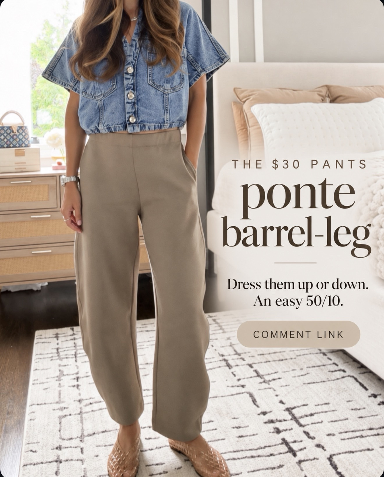A polished pair of pants that still feels comfortable? Yes, please. These ponte barrel-leg pants are only $30 and would look cute with a sweater, tee, or button-down. 
💬Comment LINK for the details!