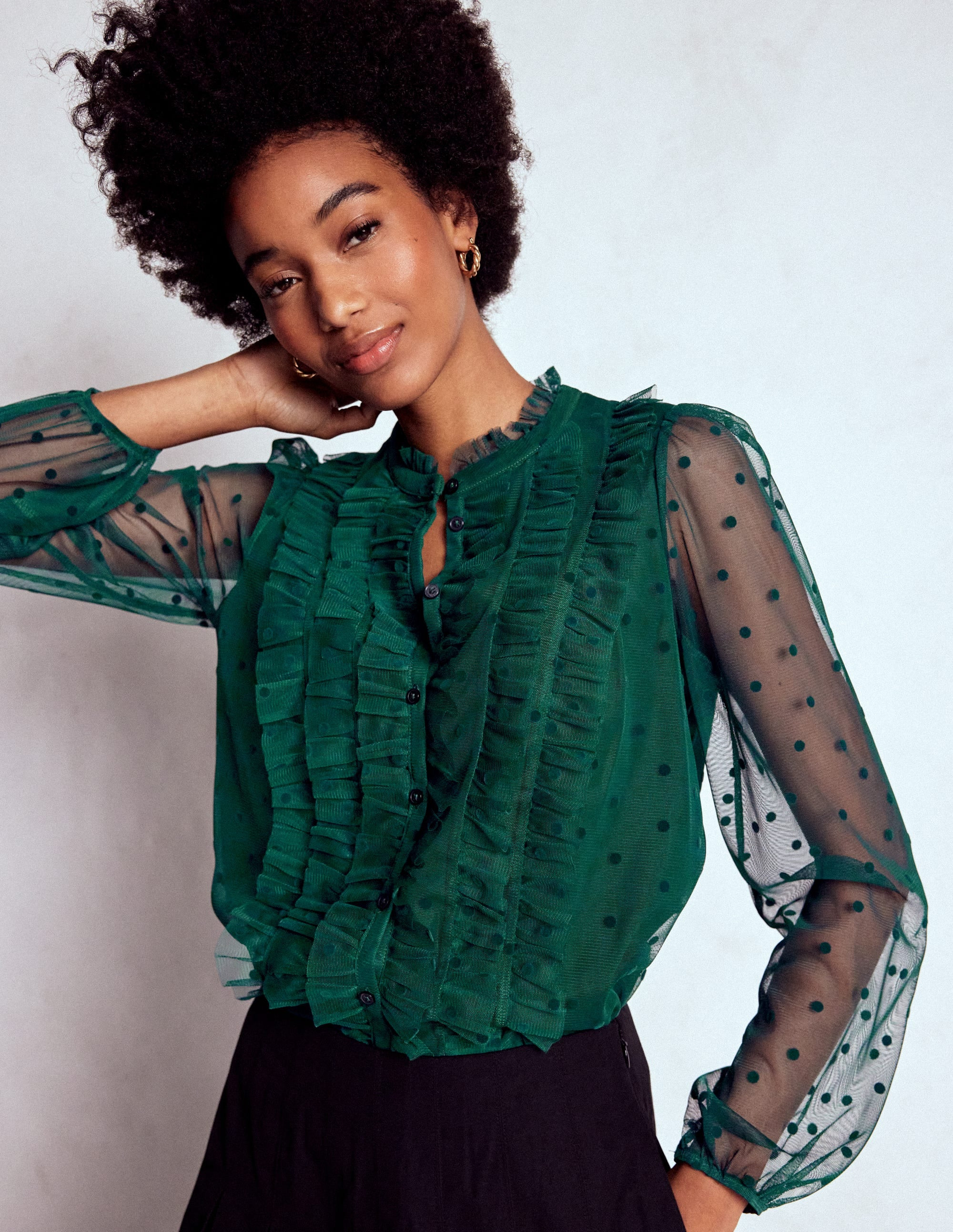 Frilled Tulle Blouse-Emerald Night | Boden (US)