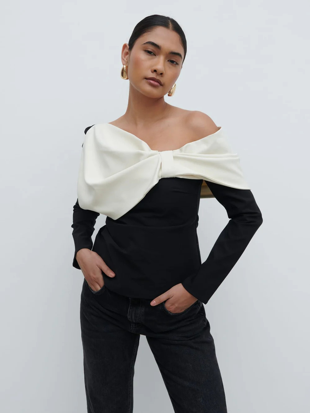 Naomi Exaggerated Bow Top - Black and Cream | Pretty Lavish (UK)