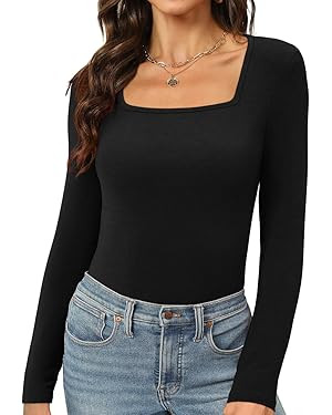 Womens Long Sleeve Square Neck Tops 2024 Fashion Slim Fit Tees Shirts | Amazon (US)