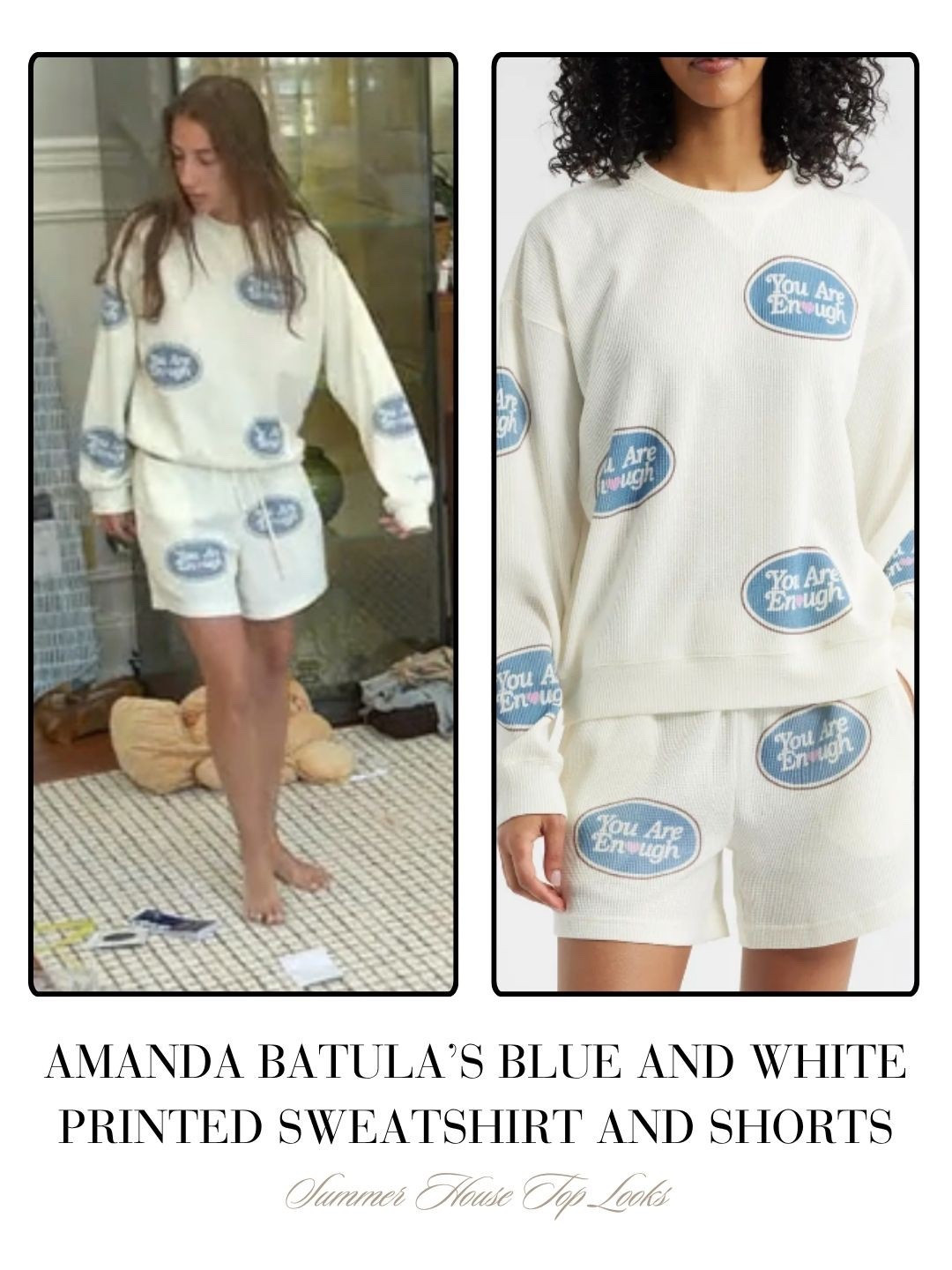 Amanda Batula’s Blue and White Printed Sweatshirt and Shorts 
