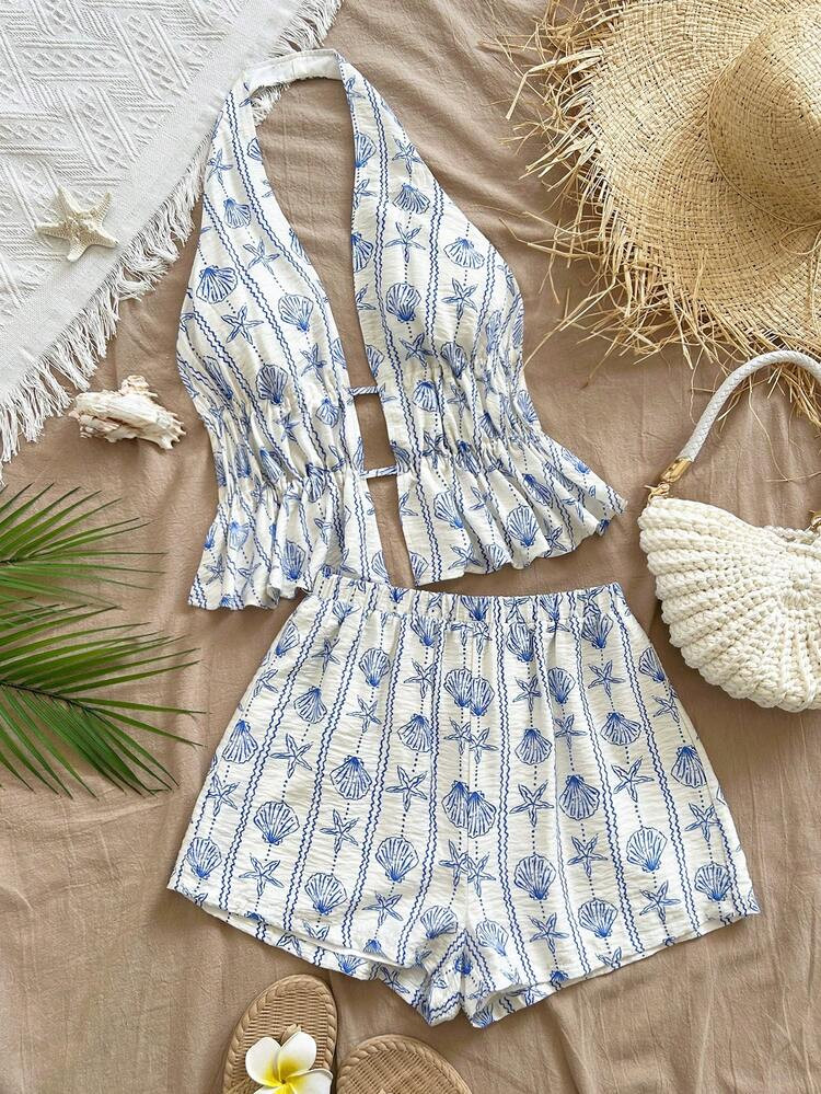Soleia Spring/Summer New Casual Vacation Western Beach Wedding Guest Attire Graduation Brunch Women's St. Patrick's Day Spring Break Easter Music Festival Elegant Boho Tropical Halter Tie Strap Shell Print Beach Holiday Blue Starfish 2-Piece Set,Summer Outfits For Women | SHEIN