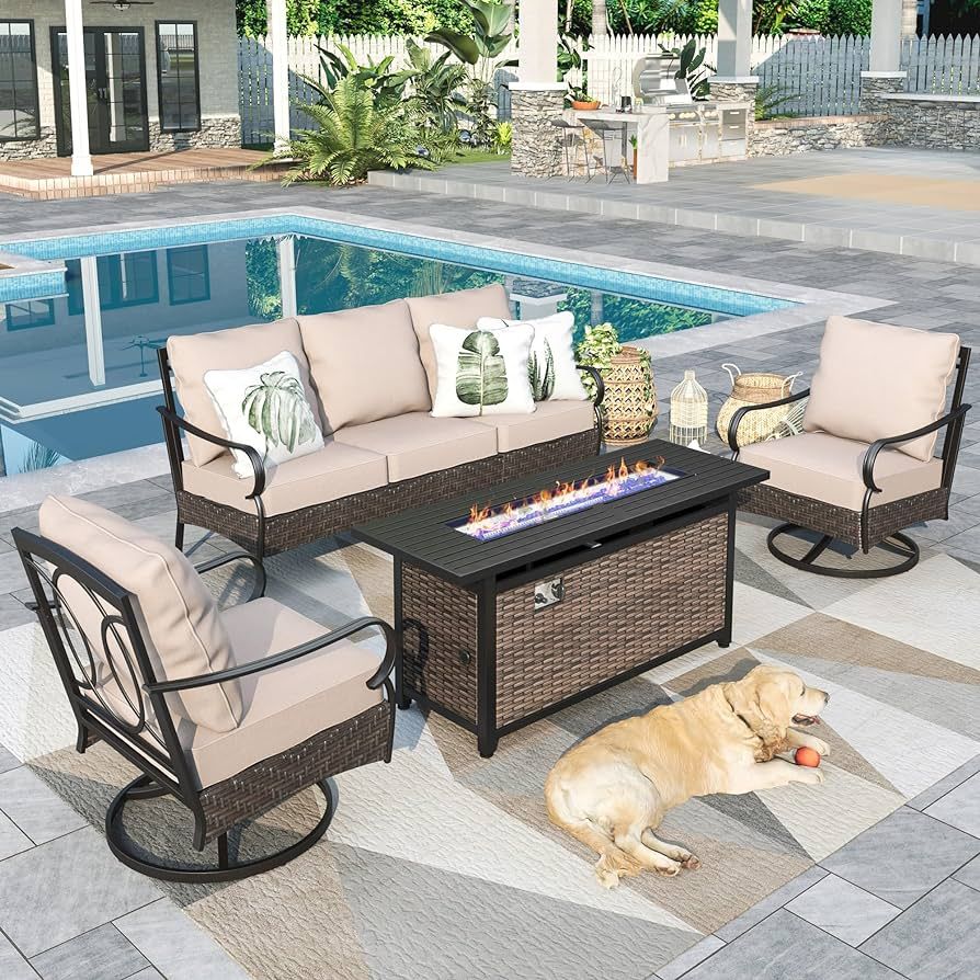 Sophia & William Oversized Patio Furniture Set with Fire Pit Table, 4 Piece Outdoor Heavy-Duty Me... | Amazon (US)
