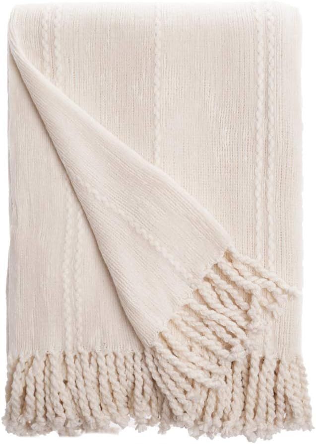 Battilo Cable Knit Woven Luxury Throw Blanket with Tasseled Ends, 50"x 60" White | Amazon (US)