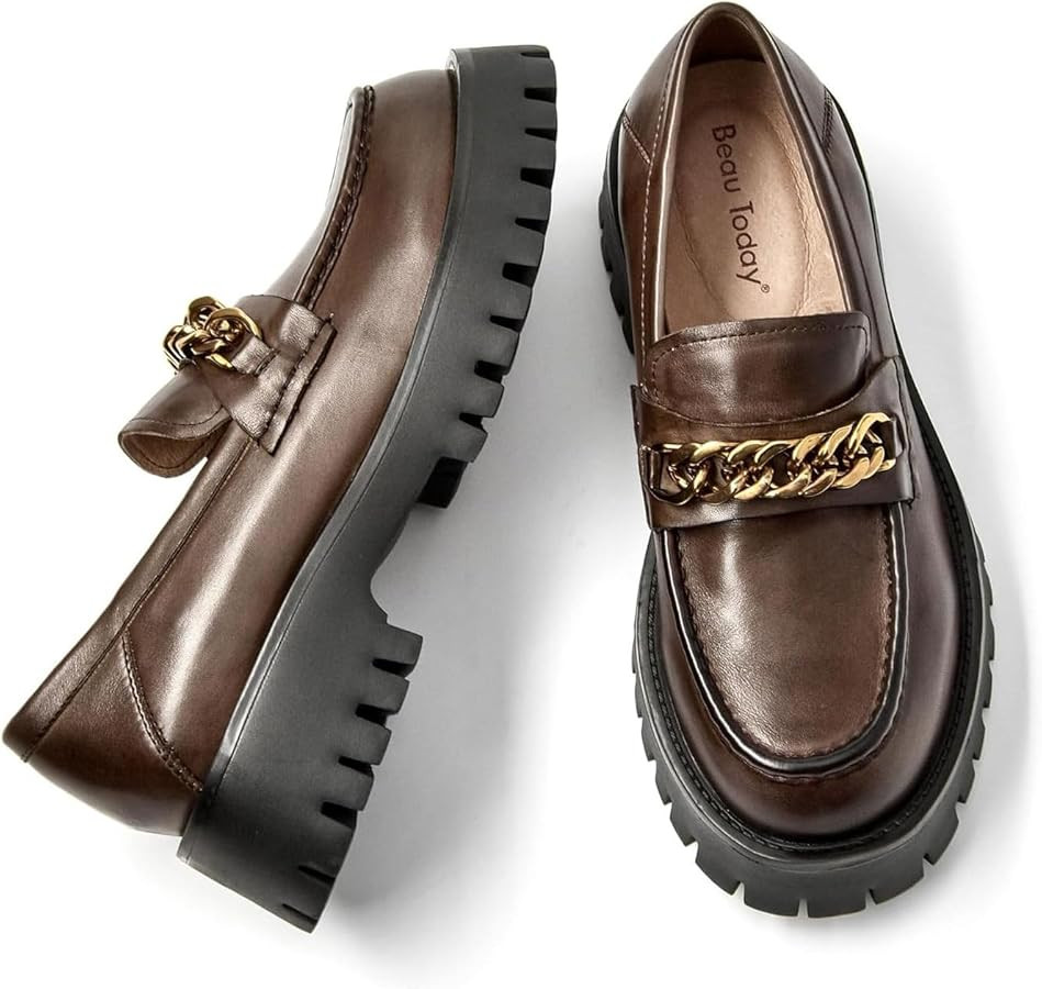 BEAU TODAY Chunky Loafers for Women,Womens Platform Loafer Shoes,Chunky Heel Lug Sole Slip-on Met... | Amazon (US)