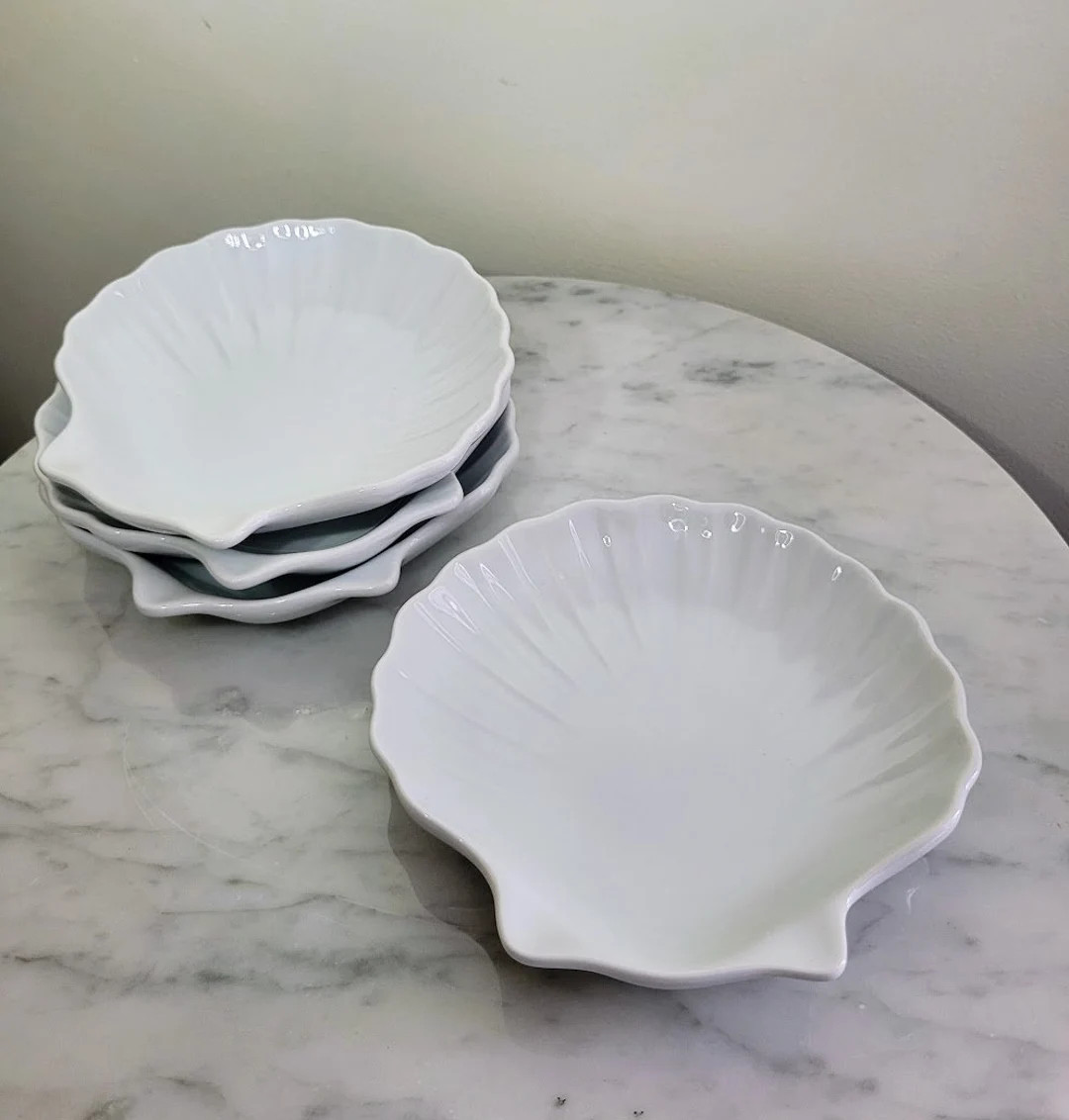 Set of 4 Emile Henry French Oyster Scallop Clam Shell Small Serving Dishes, White Porcelain Glaze | Etsy (US)
