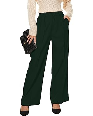Women Wide Leg High Waist Wide Leg Pants Loose Fit Back Elastic Waist Pleated Front Trousers for ... | Amazon (US)