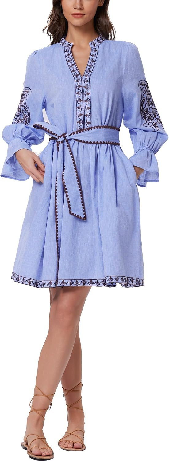 D-Sun Women Embroidered Mini Dress Casual 3/4 Puff Sleeves V Neck Floral Embroidery Short Belted Dress with Pockets | Amazon (US)