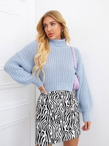 Turtleneck Lantern Sleeve Crop Sweater | SHEIN