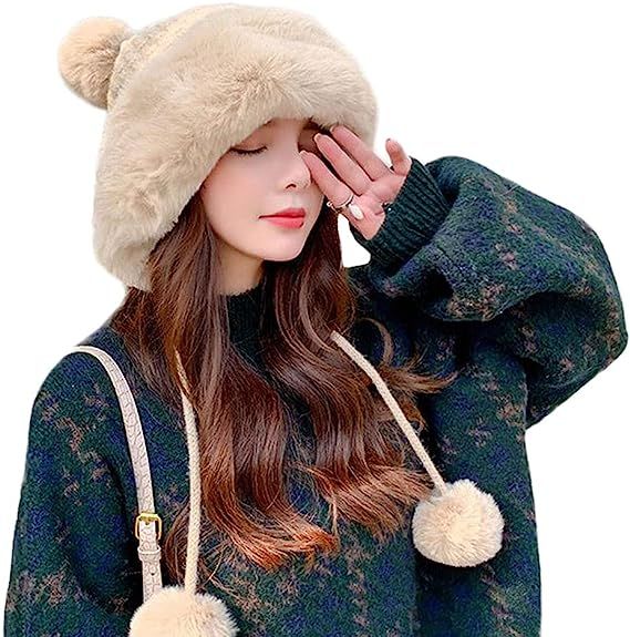 Winter Pompom Beanie Hats for Women Fluffy Knit Womens Beanie Faux Fur Crochet Skull Cap Warm Buc... | Amazon (US)