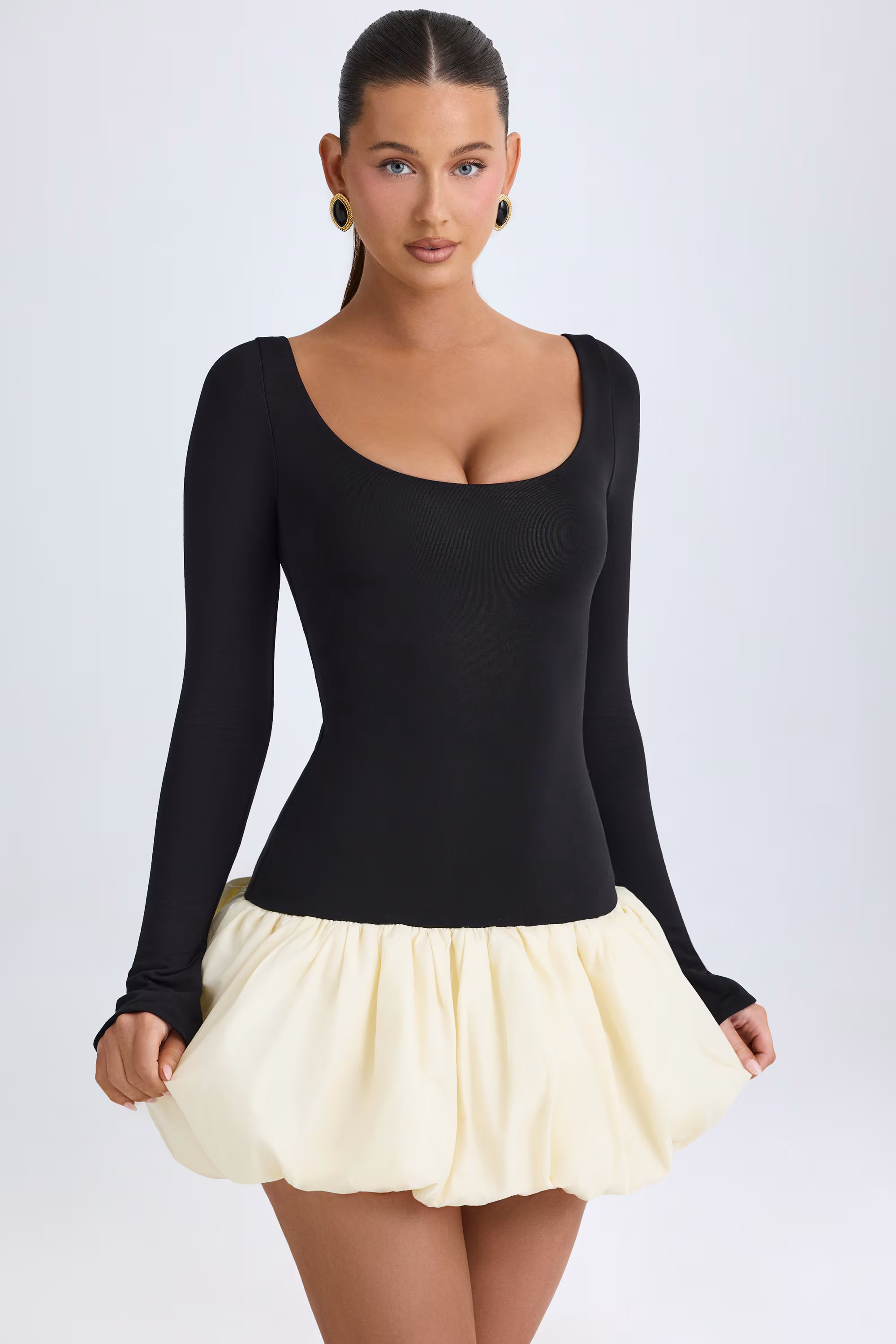 Scoop-Neck Drop-Waist Bubble Hem Mini Dress in Vanilla | Oh Polly