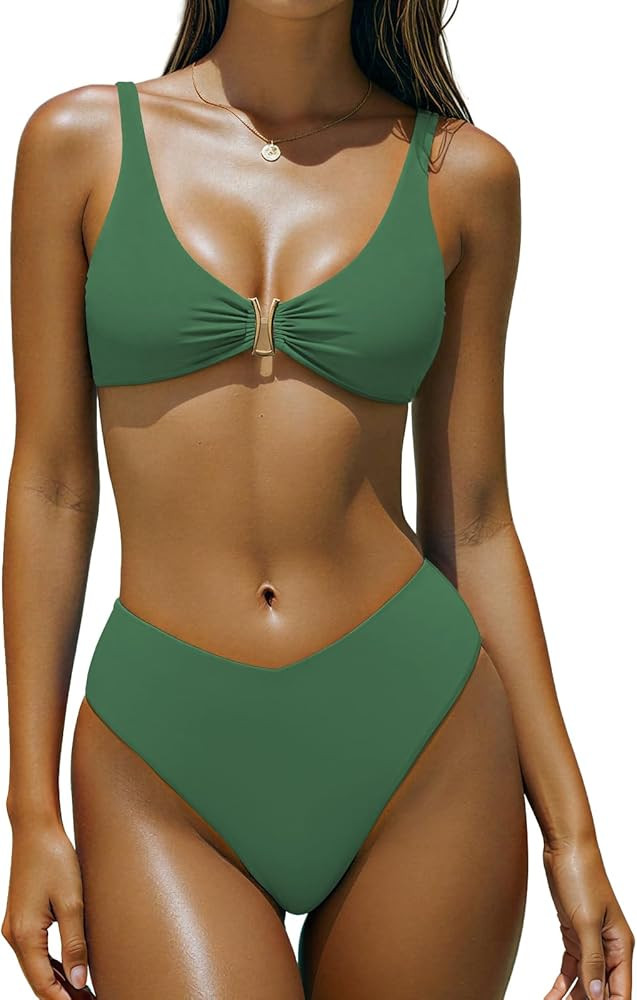 Womens Bikini Set Sexy Solid Bathing Suit for Women Push Up High Leg Thong Two Piece Swimsuit | Amazon (US)