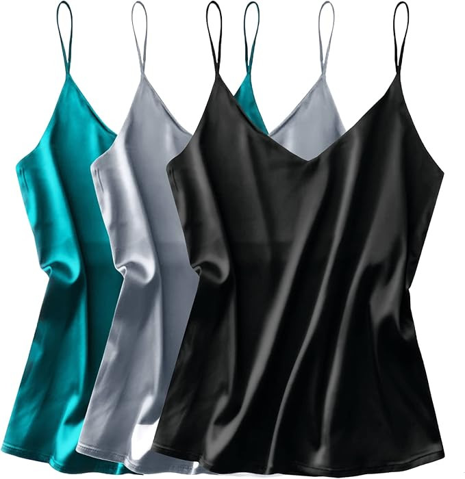 Ekouaer 3 Pack: Womens Silk Satin Tank Top V Neck Camisole Cami Spaghetti Strap Top Loose Sleevel... | Amazon (US)