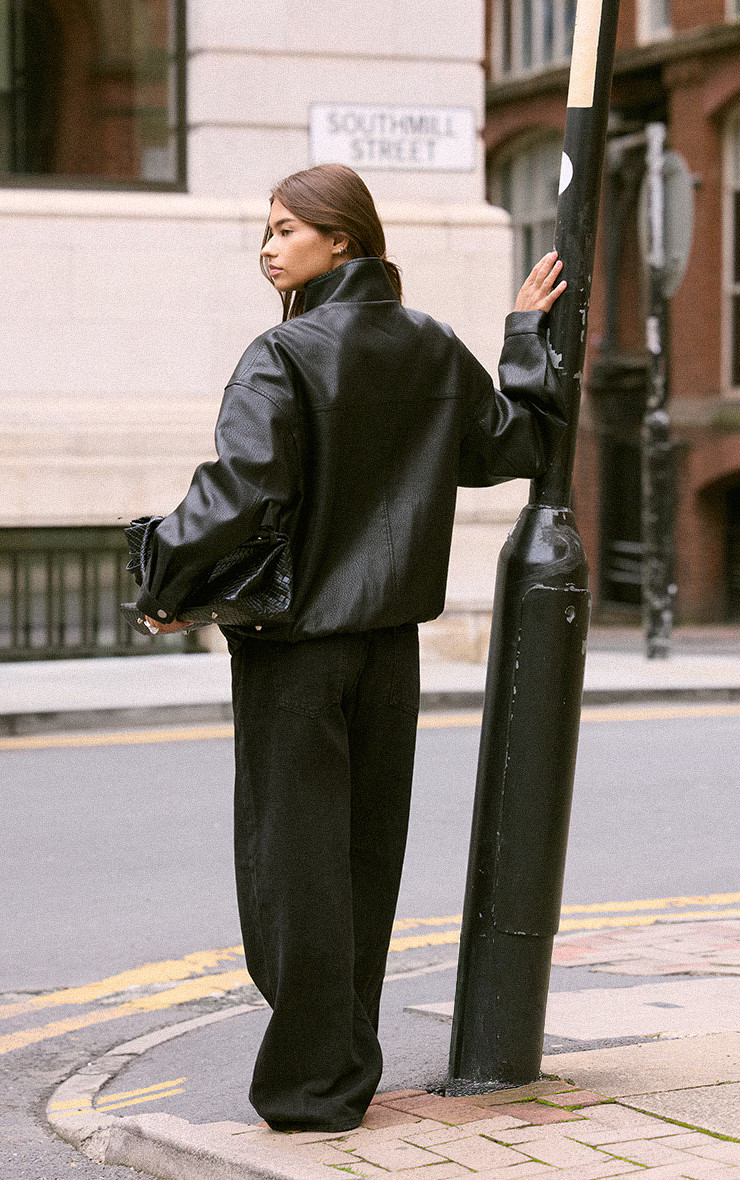 Black Funnel Neck Concealed Placket Faux Leather Jacket | PrettyLittleThing UK