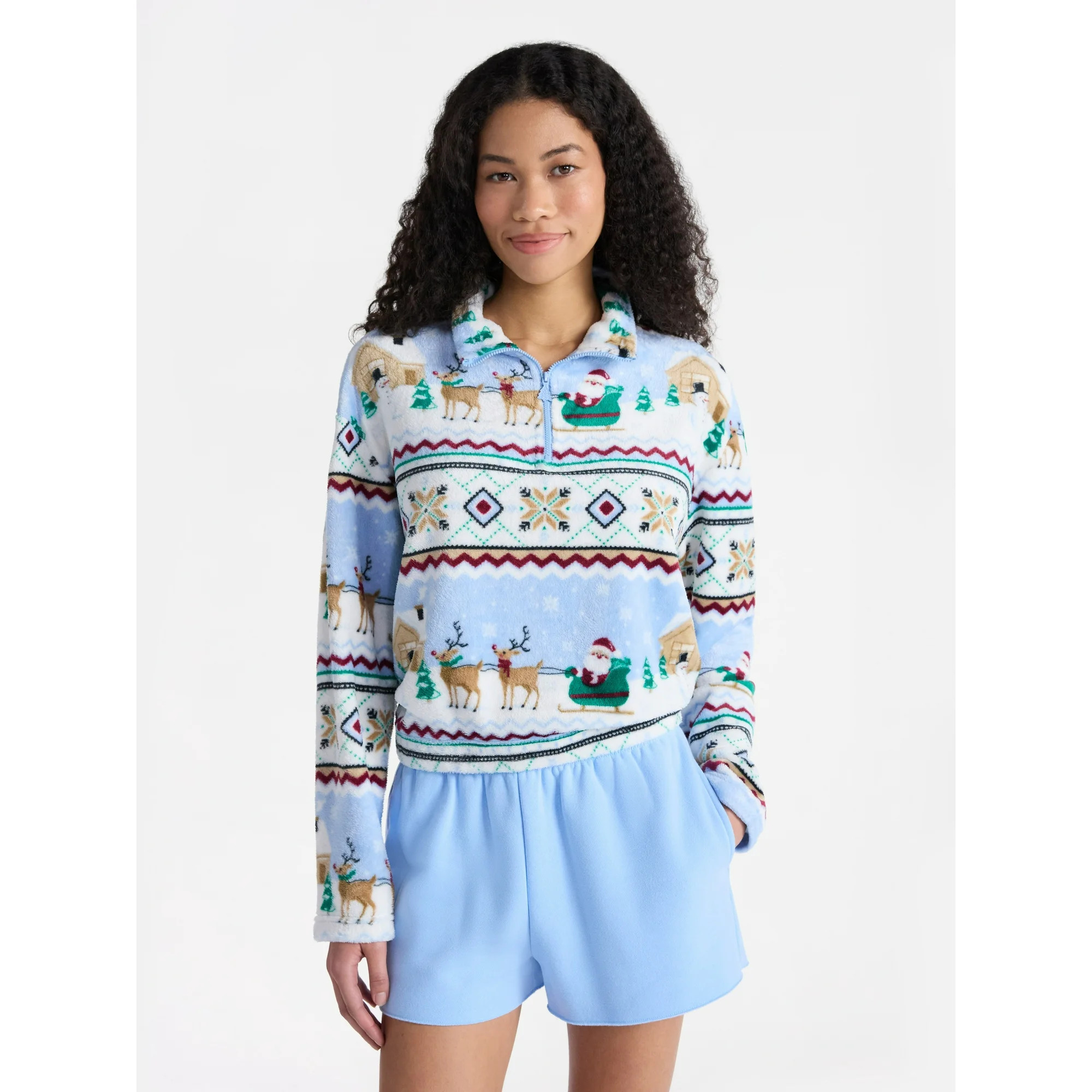 No Boundaries Christmas Quarter Zip Mock Neck Plush Top with Long Sleeves, Women's | Walmart (US)