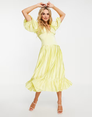 ASOS DESIGN satin plunge neck pleated midi tea dress in yellow | ASOS (Global)