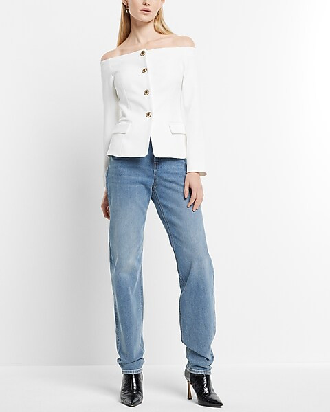 Editor Off The Shoulder Novelty Button Blazer | Express