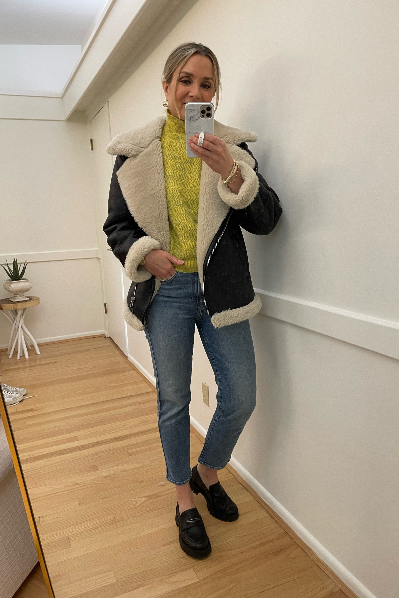 Today ootd! Neon sweater, shearling leather moto jacket, lug sole loafers

Molly Bracken, mango, Steve Madden, casual outfit 

#LTKsalealert #LTKshoecrush #LTKunder50