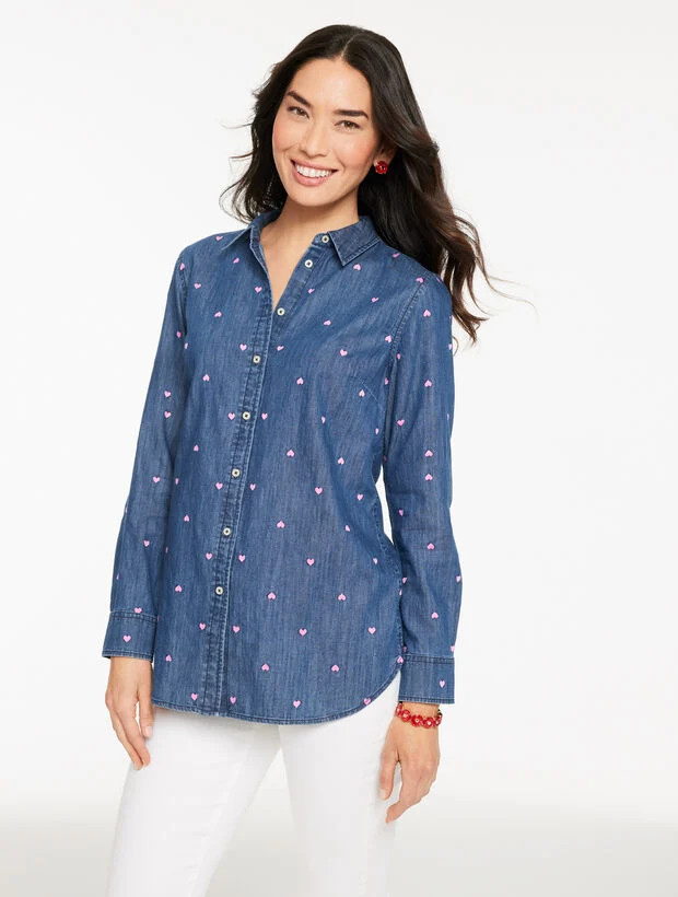 Denim Button Front Shirt  - Valentine Heart | Talbots