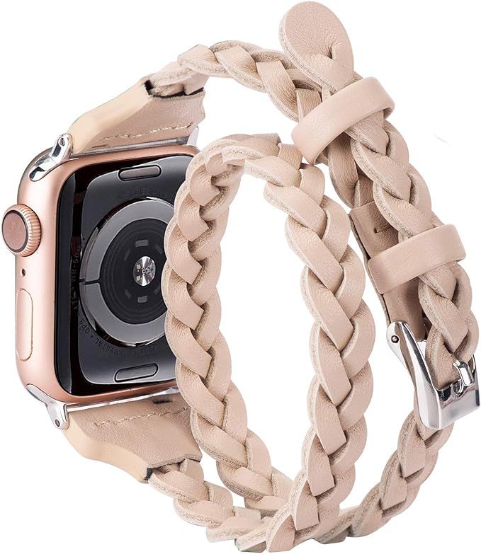 Moolia Double Leather Band Compatible with Apple Watch 38mm 40mm 41mm, Women Girls Woven Slim Wat... | Amazon (US)