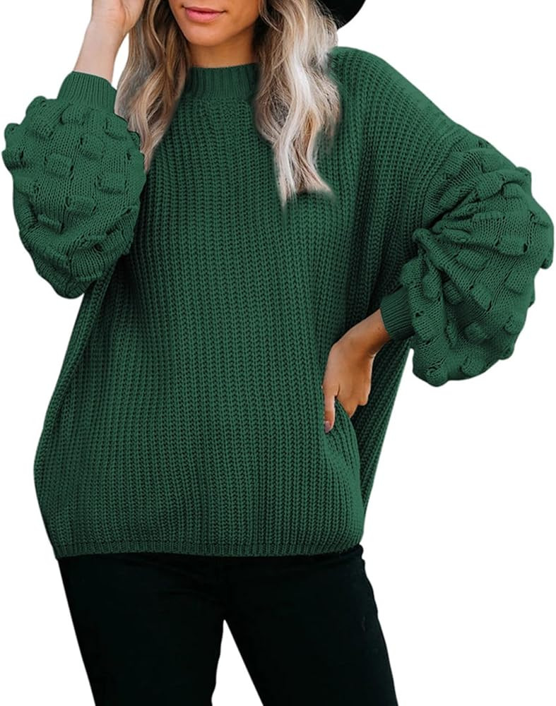 Sovoyontee Women's 2024 Fall Oversized Crewneck Long Puff Sleeve Chunky Knit Pullover Sweater Top... | Amazon (US)