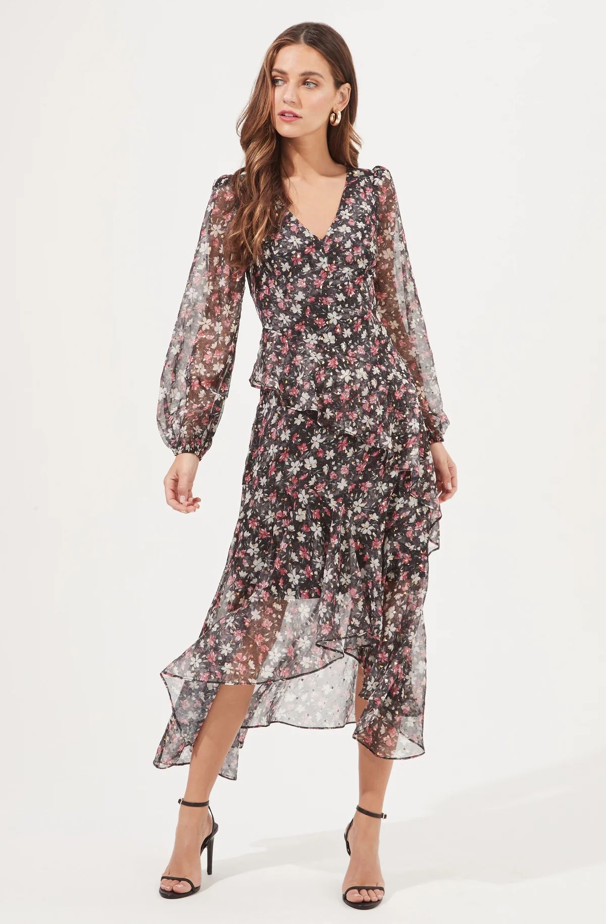 Fairfax Floral Ruffle Tiered Long Sleeve Midi Dress | ASTR The Label (US)