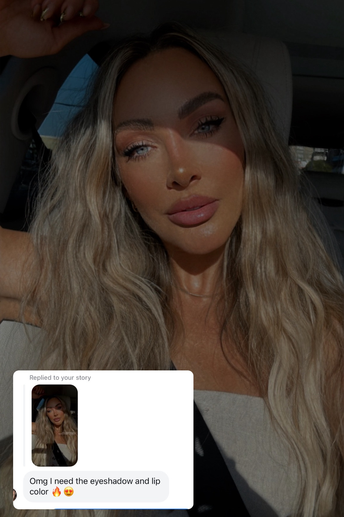 Eyes are just one shade: MAC wedge 
Lips are: Buxom power line and Charlotte T’s Pillow Talk 