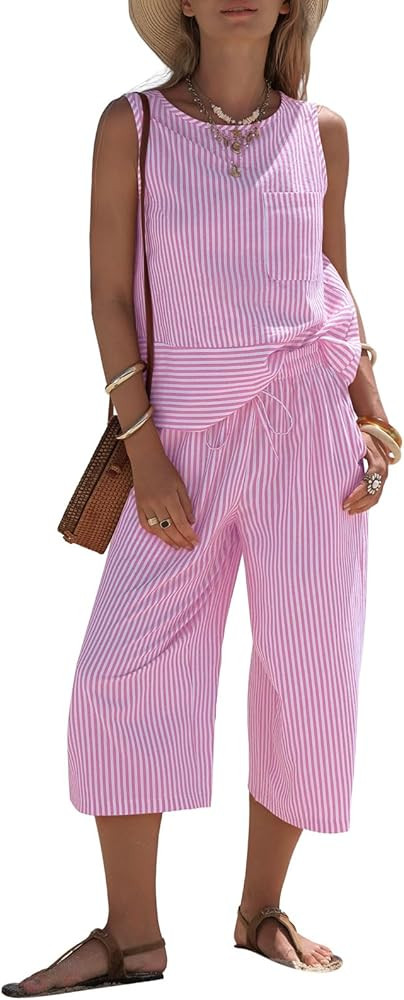 EXLURA Womens Summer 100% Cotton 2 Piece Outfits Striped Sleeveless Top Capri Wide Leg Pants Sets... | Amazon (US)