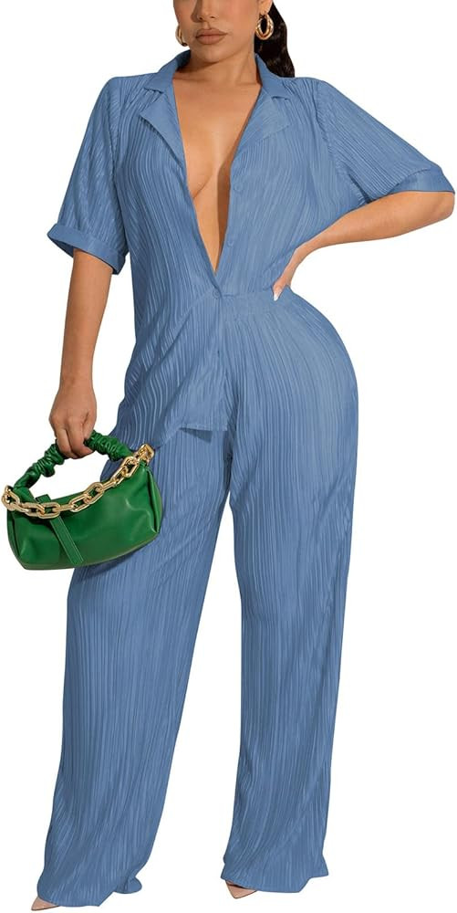 Women 2 Piece Pleated Outfits Casual Boho Trendy Muse Shirt Wide Leg Pants 90s Solid Daily Suit | Amazon (US)