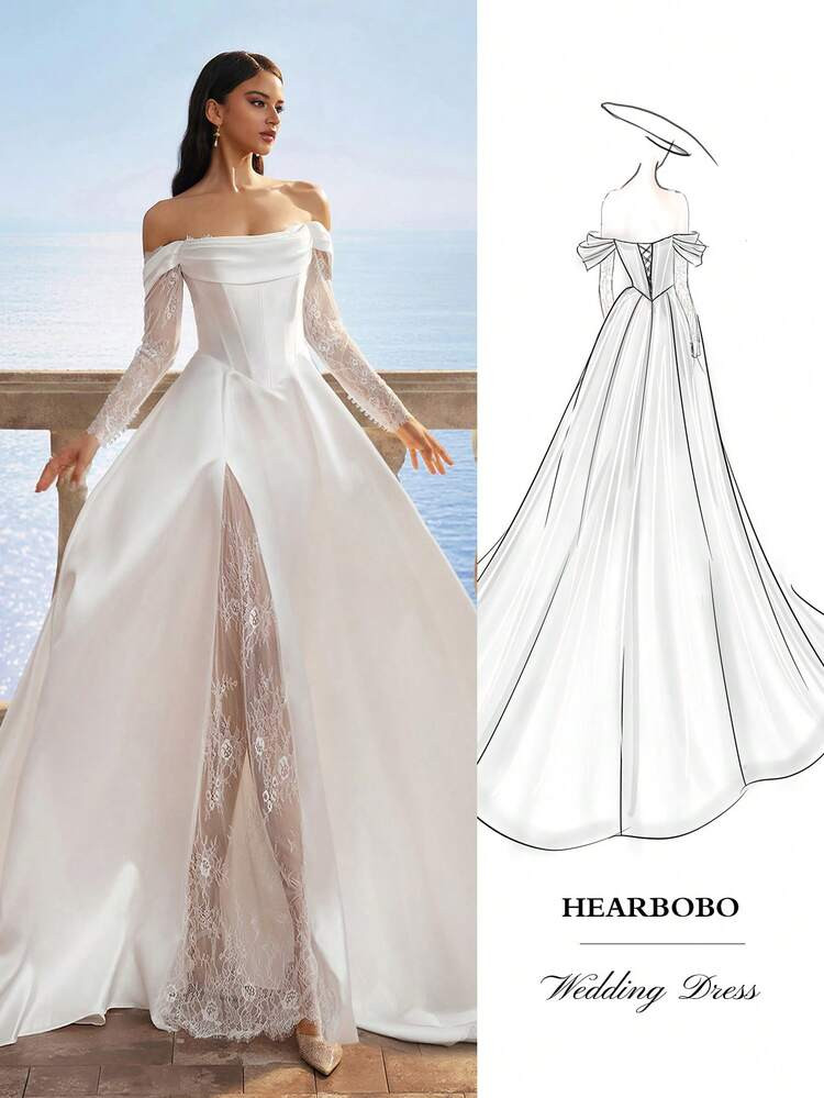HEARBOBO Solid Color Vintage Satin Off-The-Shoulder Simple Chiffon Split Thigh Long Dress, Contrast Lace Wedding Dress, For Valentine's Day | SHEIN