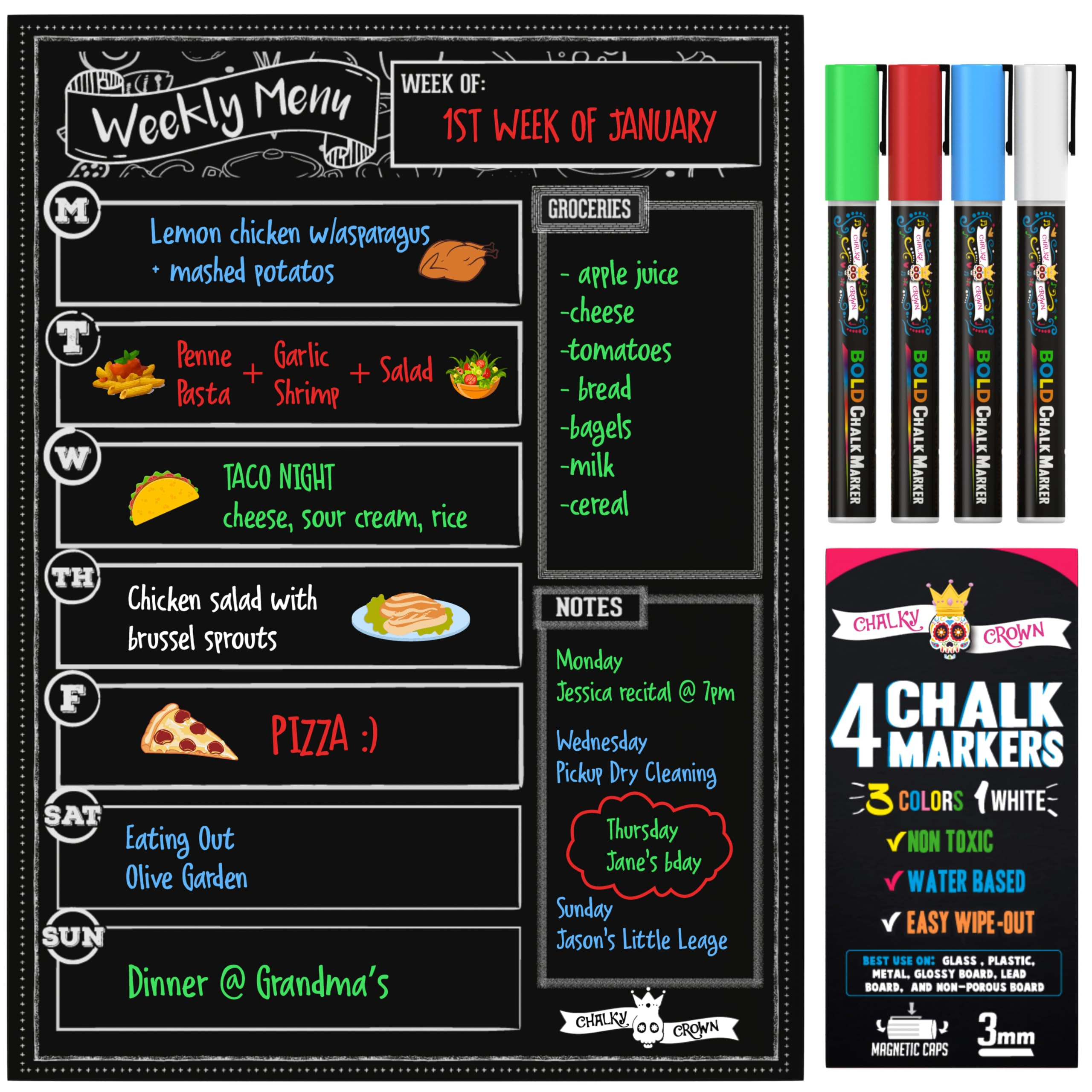 CHALKY CROWN Magnetic Dry Erase Menu Board for Fridge Includes 4 Liquid Chalk Markers - Weekly Me... | Amazon (US)