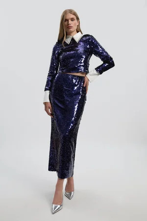 Sequin Front Split Woven Midi Skirt | Karen Millen US