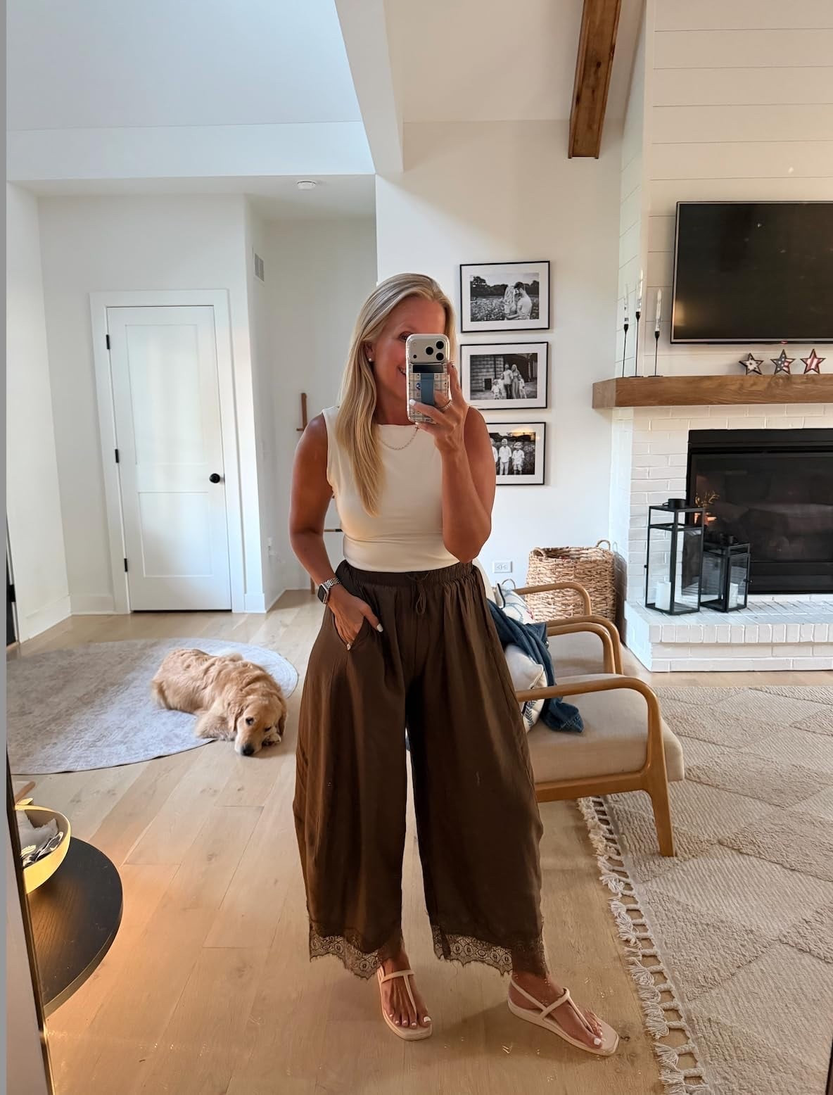 These pants with the lace are so cute, trendy, and comfortable. My tank has a low back and a built-in bra! I'm wearing a medium in both. Get it all on Amazon!

#LTKootd #LTKmomlife #LTKOver40