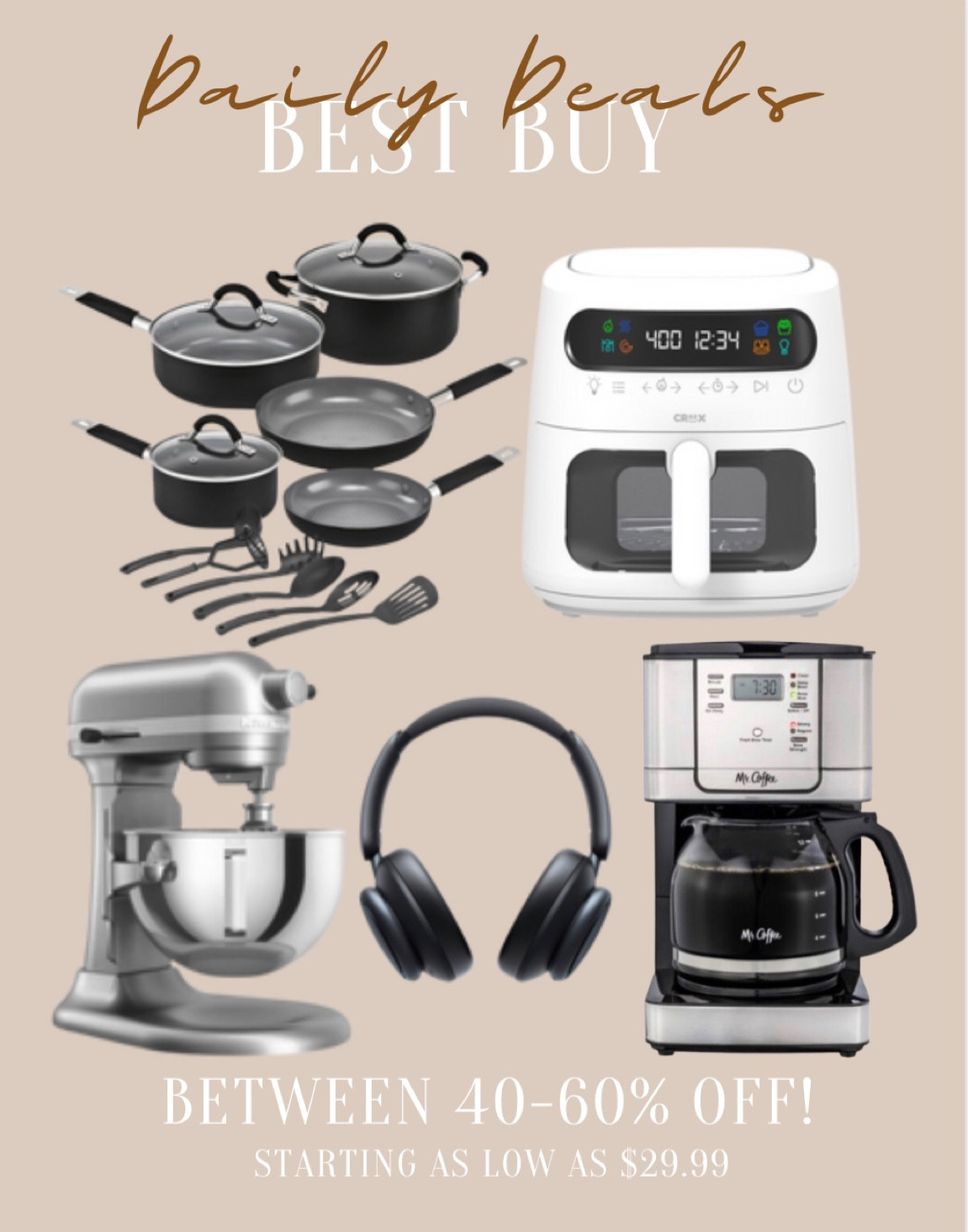 Daily deals - here’s today’s round up of BestBuy’s daily deals!

Kitchenware
Cookware
Kitchen gadgets
Air fryer
Coffee maker
Kitchenaid mixer
Headphones 
Pots and pans

#LTKhome #LTKsalealert #LTKFind