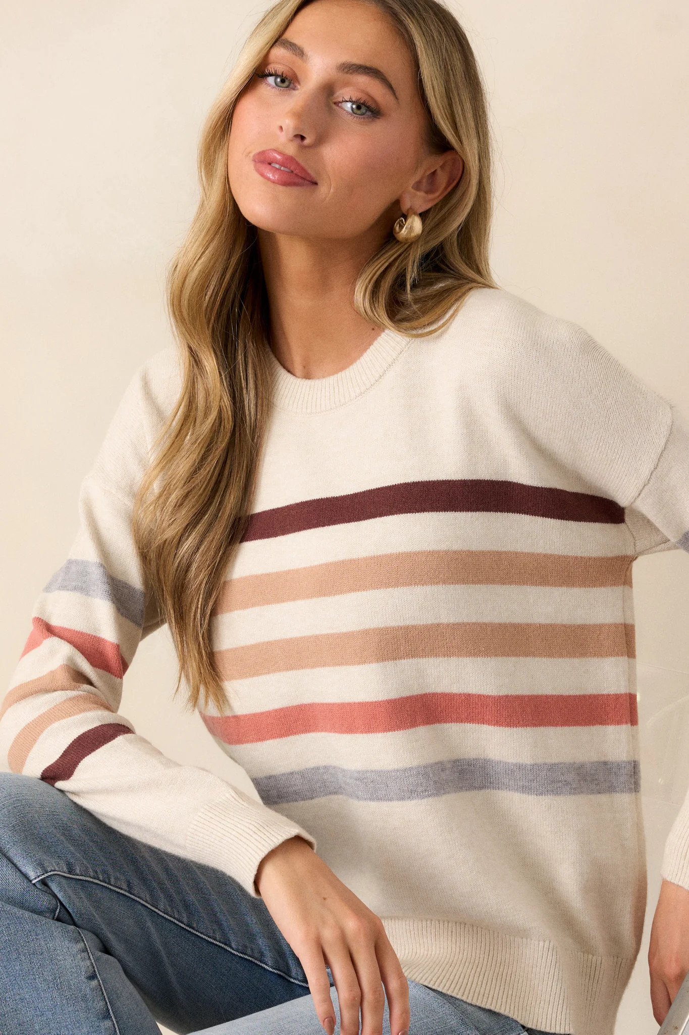 Tides of Change Beige Stripe Long Sleeve Sweater | Red Dress