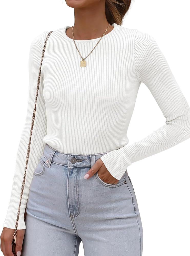 ATHMILE Womens Long Sleeve Crewneck Shirts 2024 Knit Fall Sweater Slim Fitted Casual Basic Tee To... | Amazon (US)
