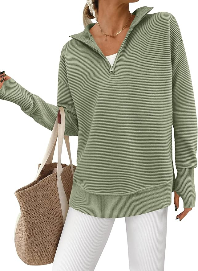 PRETTYGARDEN Womens Long Sleeve Quarter Zip Pullover Sweater Casual Loose V Neck Collared Ribbed ... | Amazon (US)