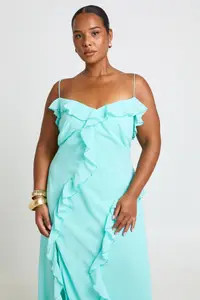 Aqua boohoo Plus Chiffon Strappy Ruffle Maxi Dress | PrettyLittleThing USA | PrettyLittleThing US