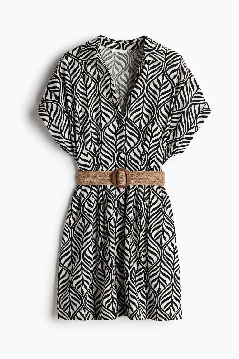 Shirt Dress with Belt - V-neck - Short sleeve - Black/leaf-patterned - Ladies | H&M US | H&M (US + CA)