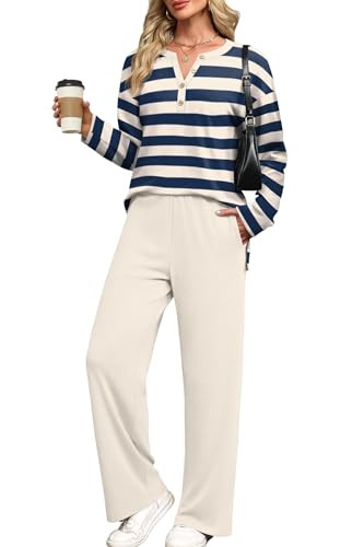 XIEERDUO 2 Piece Sets for Women Fall Outfits 2025 Travel Airport Outfits Loungewear Matching Sweatsuits V Neck Fashion Clothing Pajamas Plus Size Stripes Navy XXL | Amazon (US)