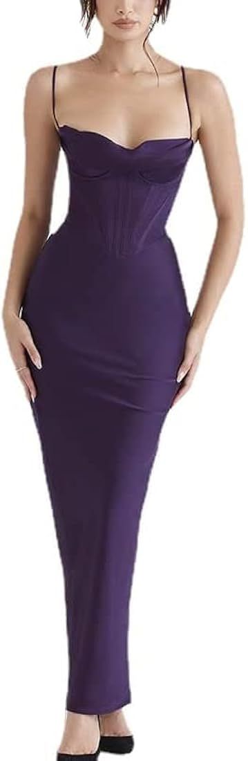 ishleytop Women Sexy Satin Corset Bodycon Maxi Dress Silky Spaghetti Strap Push Up Fishbone Ruche... | Amazon (US)