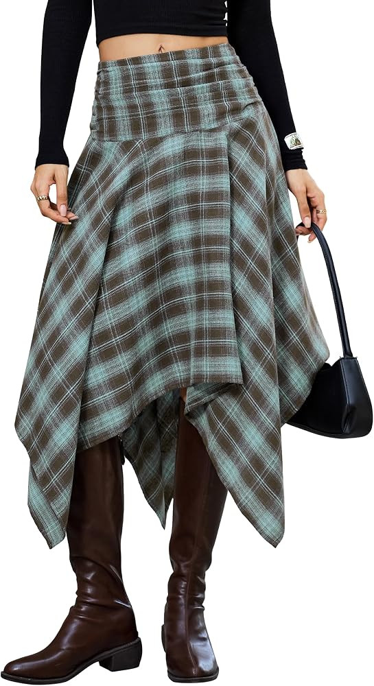 Bsubseach Women Asymmetrical Plaid Midi Skirt Y2k Handkerchief Fall Skirt | Amazon (US)