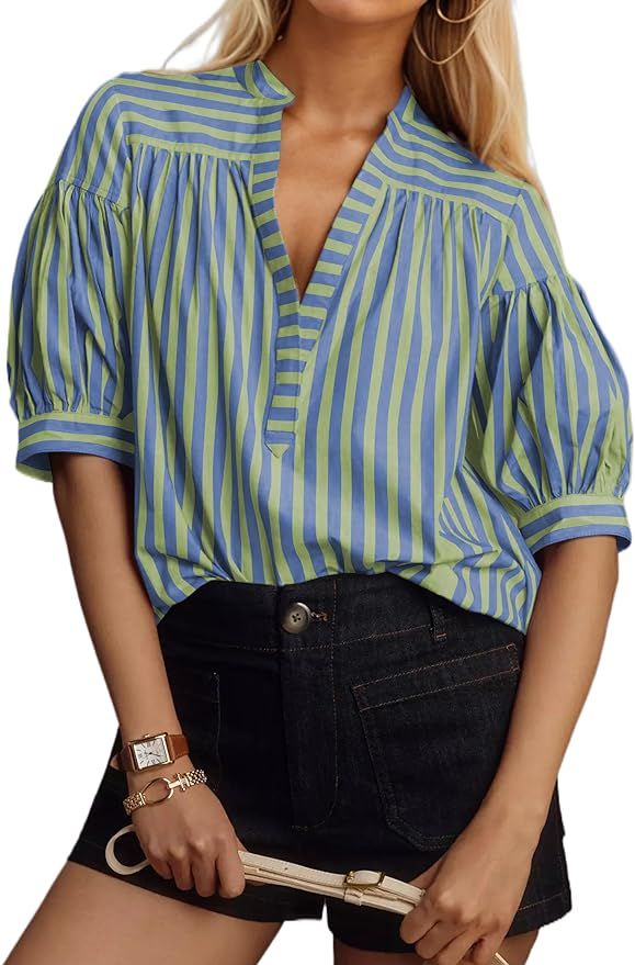 Women Puff Short Sleeve Blouses Striped V Neck Loose Business Casual Shirts Office Work Dressy T ... | Amazon (US)