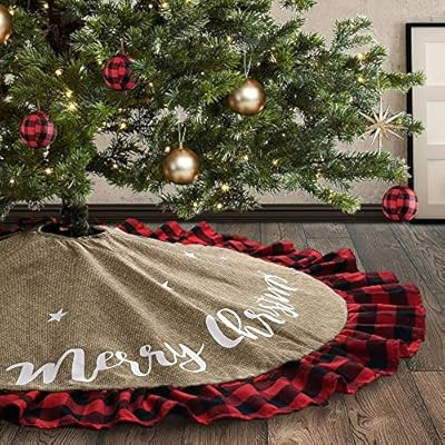 Meriwoods Burlap Christmas Tree Skirt 48 Inch, Large Tree Collar with Ruffled Buffalo Plaid Trim,... | Amazon (US)