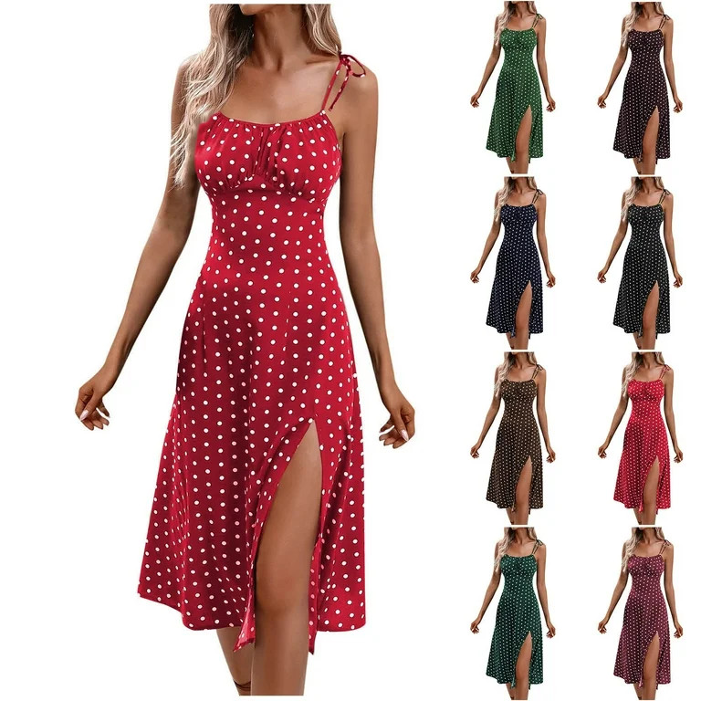 Eiyaclvo Spaghetti Strap Dresses for Women Summer Polka Dot Midi Dress Sleeveless Side Slit A Lin... | Walmart (US)